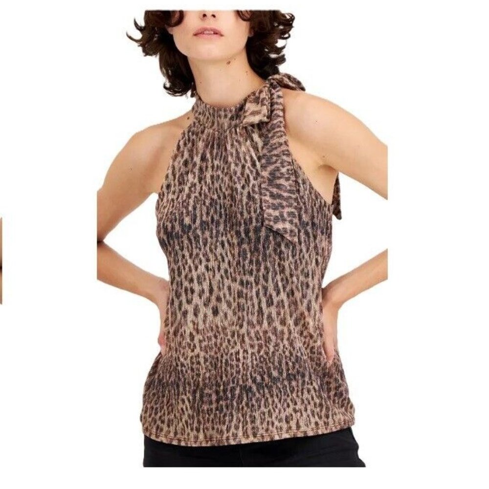 INC International Concepts Leopard Print Halter Tie Neck Top - Brown